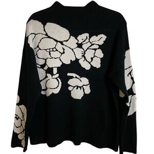 Tribal Jacquard Knit Funnel Neck Sweater Sz L Floral Black White